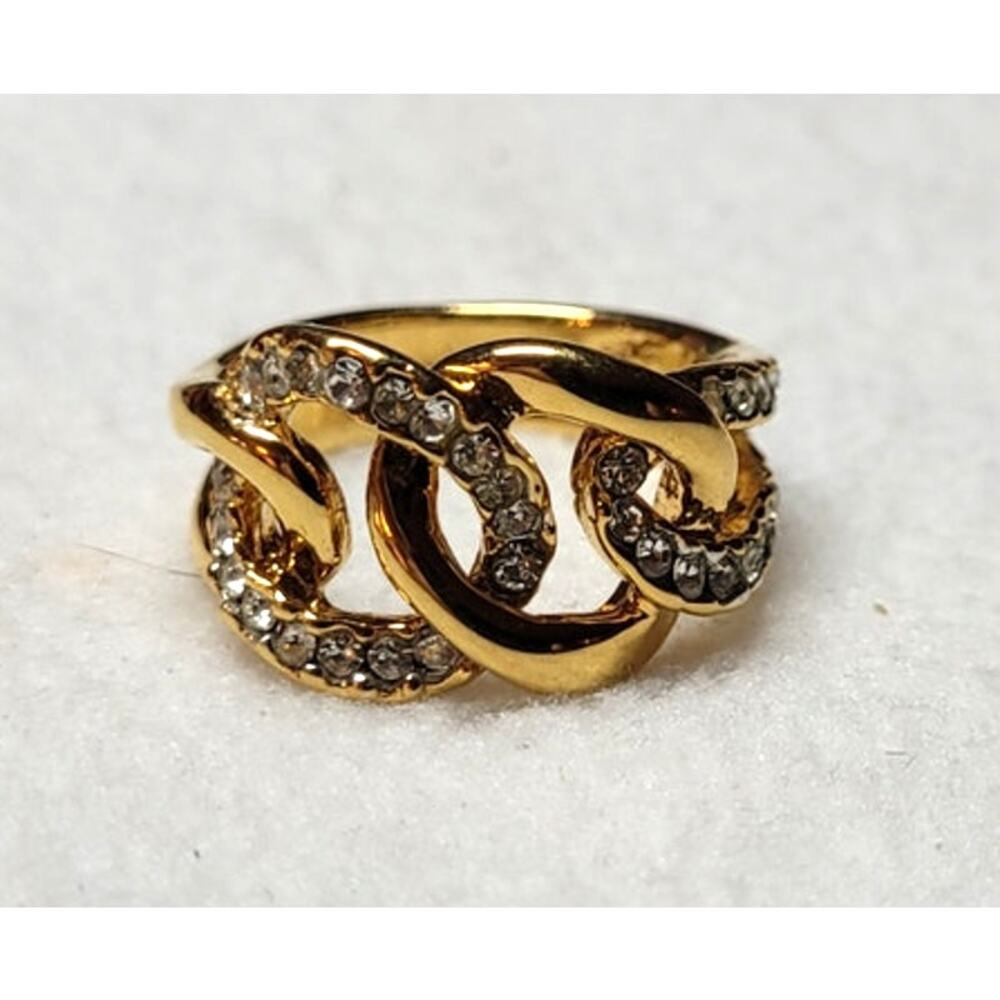 Vtg KJL Kenneth Jay Lane Gold Tone Chunky Chain Link Rhinestone Ring Size 8.25